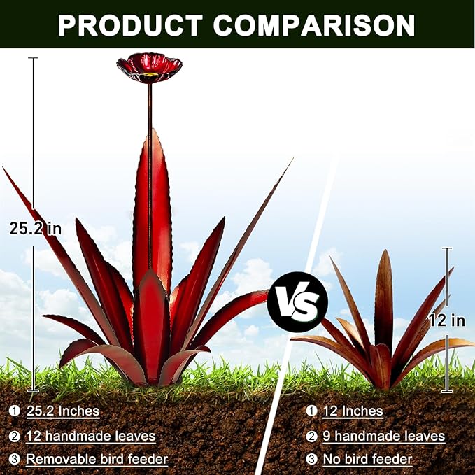 Upgraded Large Metal Yard Art, Metal Agave Plant Yard Decorations Outdoor Sculpture, Metal Flowers for Outside, Waterproof Outdoor Garden Decor (Red + Bird Feeder)-VerdiqueGarden