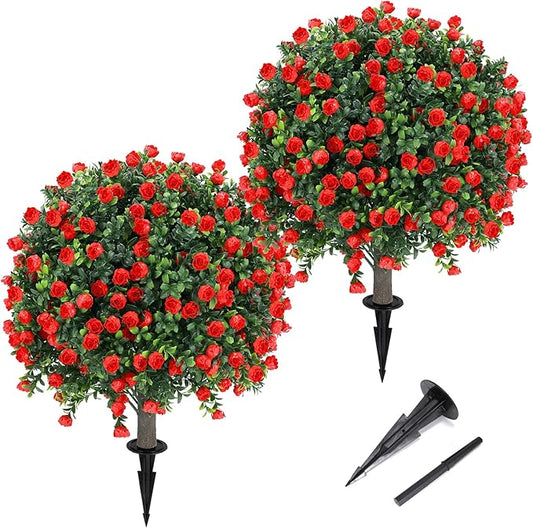 Artificial Red Rose Topiary Ball Tree 25" with Ground Spike, Set of 2 Artificial Boxwood Bushes for Faux Shrubs, Fake Evergreen Faux Plant for Indoor Outdoor Porch Garden -UV Resistant–Fade-Proof-VerdiqueGarden