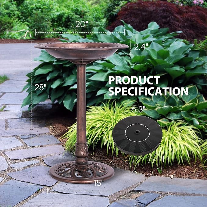 VIVOHOME Polyresin Antique Outdoor Bronze Garden Bird Bath and Solar Powered Round Pond Fountain Combo Set-VerdiqueGarden