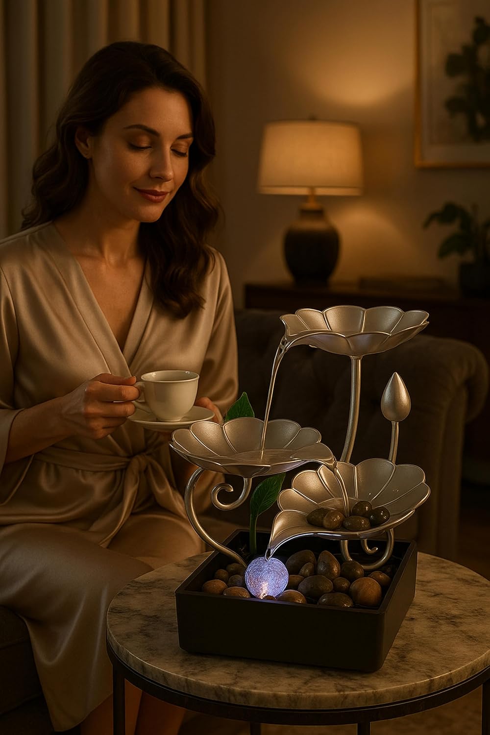 Tabletop Water Fountain with LED Light – Indoor Zen Décor with 3-Tier Design, Natural River Stones for Office, Home 8inch Tall-VerdiqueGarden