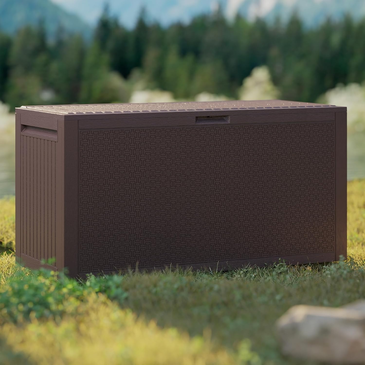 90 Gallon Outdoor Storage Box, Lockable Package Outside Storage Box Waterproof, Patio Cushions Deck Storage Boxes, Rattan Plastic Garden Hose Containers Resin Pool Storage Bins with lids, Brown-VerdiqueGarden