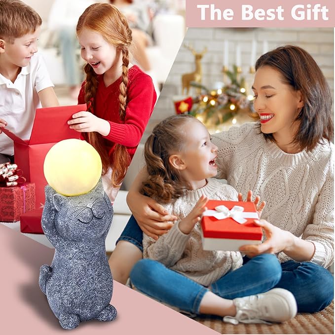 Solar Garden Decor Cat Moon Outdoor Statue and Figurine Lights, Outdoor Patio Sculpture Decor LED Light Gifts for Mom or Daughter, Garden Statues Birthday Gifts for Women Home and Yard with Solar Lamp-VerdiqueGarden