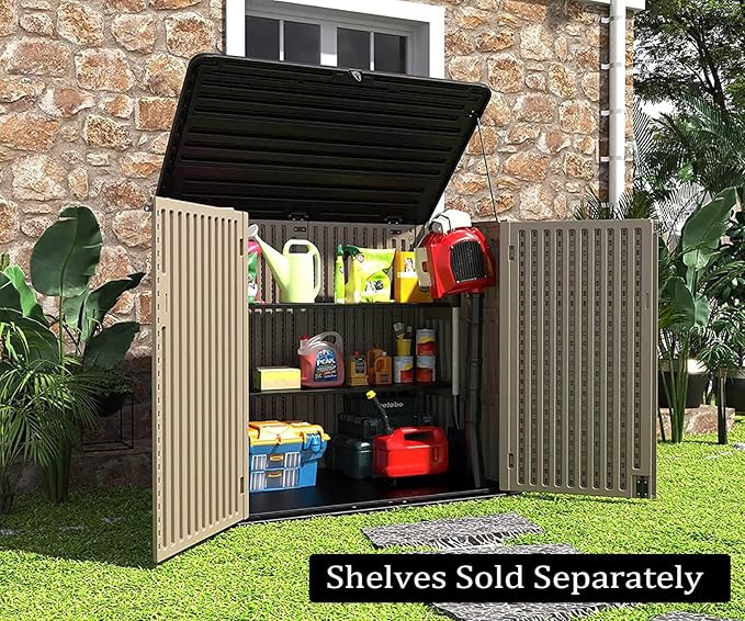 HOMSPARK Storage Shed Weather Resistance, Multi-Purpose Outdoor Storage Cabinet for Backyards and Patios, Horizontal Storage Shed for Lawnmower, Patio Accessories (Coffee, X Large - 48 cu.ft)-VerdiqueGarden