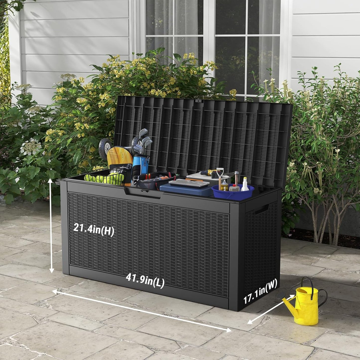 Mars Villa 60 Gallon Deck Box, Outdoor Storage Box Waterproof, Outside Resin Storage Bin for Outdoor Patio Furniture Cushions, Pool Supplies, Garden Tools, UV-Resistant and Weatherproof, Rattan Black-VerdiqueGarden