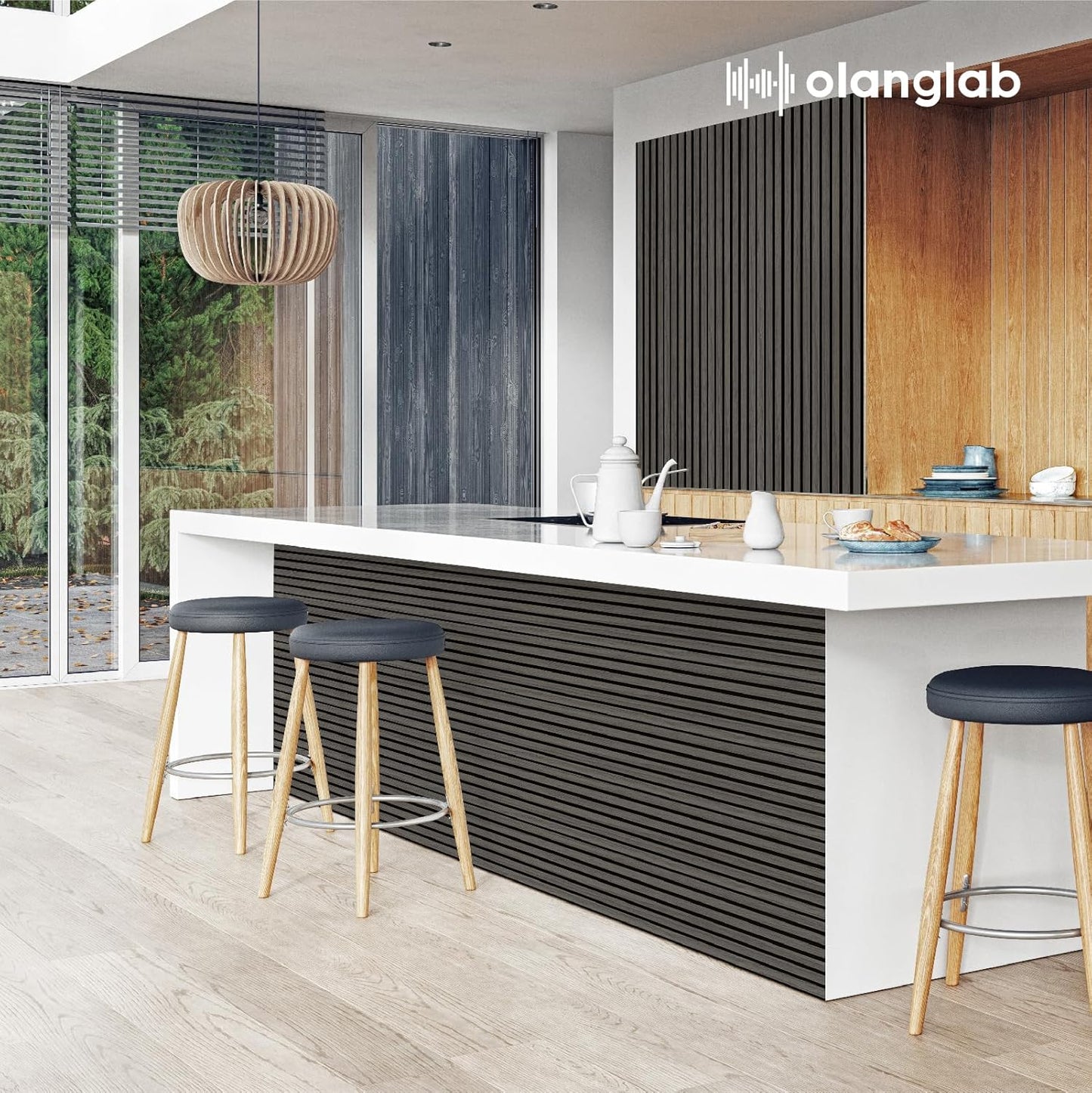 Olanglab Wood Slat Wall Panels 4 Pack, Wooden Acoustic Wall Panels, 94.5"x12.6" Each 3D Wall Panels for Interior Wall Decor (Black-Extendo Trio)-VerdiqueGarden