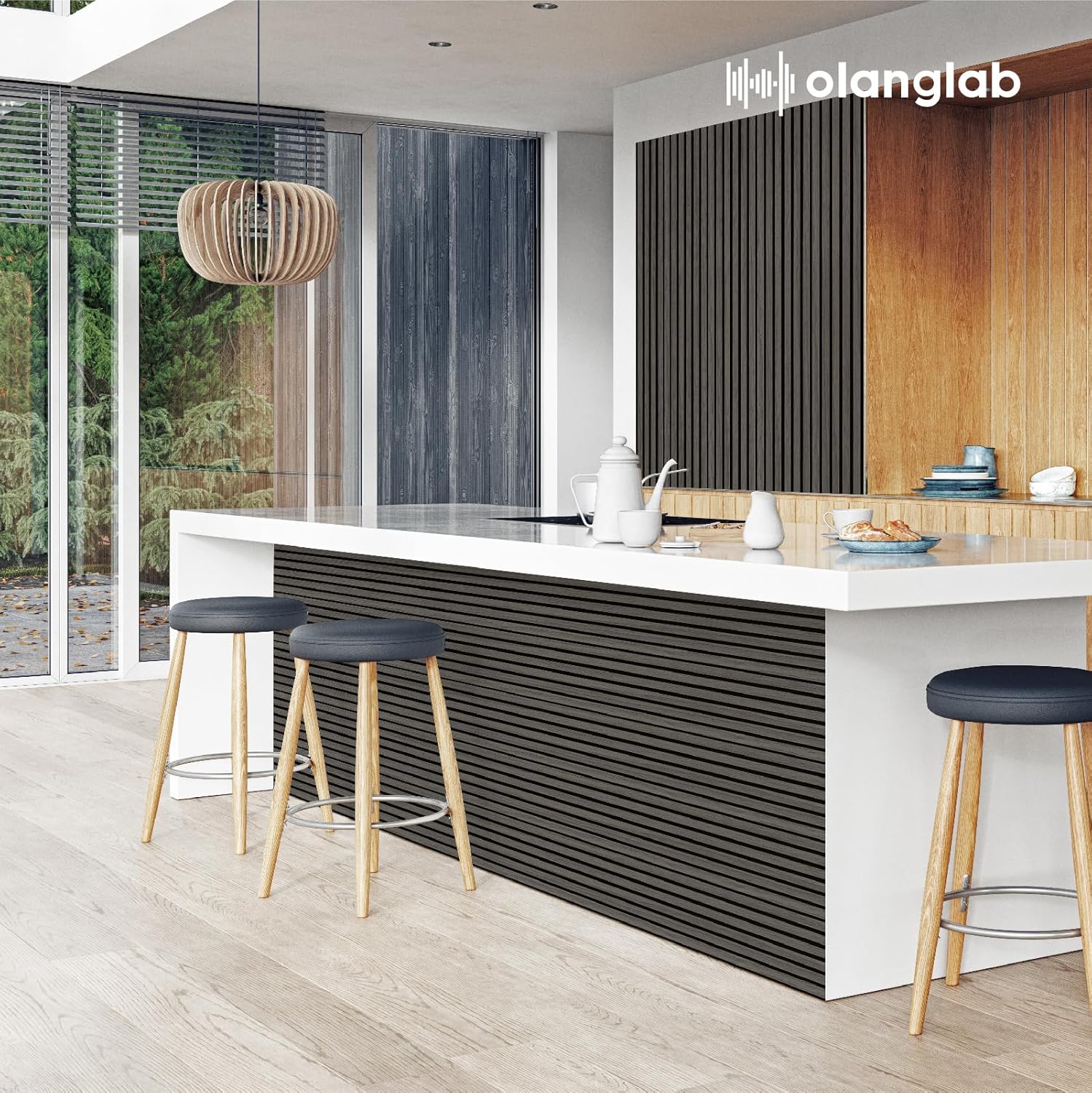 Olanglab Wood Slat Wall Panels 4 Pack, Wooden Acoustic Wall Panels, 94.5"x12.6" Each 3D Wall Panels for Interior Wall Decor (Black-Extendo Trio)-VerdiqueGarden