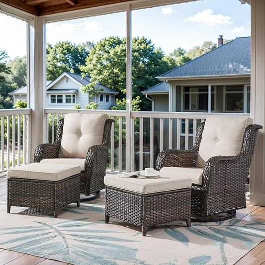 4 Pieces Patio Furniture Sets, Wicker Patio Swivel Glider Chair with Ottomans, Outdoor Furniture Set for Outside Porch, Deck, Balcony, Garden Brown-VerdiqueGarden