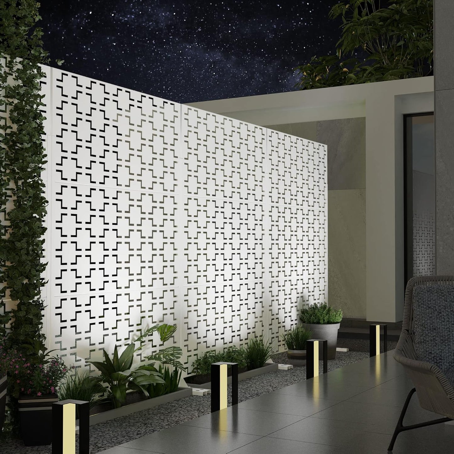 Metal Privacy Screen Outdoor 72" H×47" W,Freestanding Decorative Privacy Screen for Balcony Yard&Garden,Privacy Fence-White&Square-VerdiqueGarden