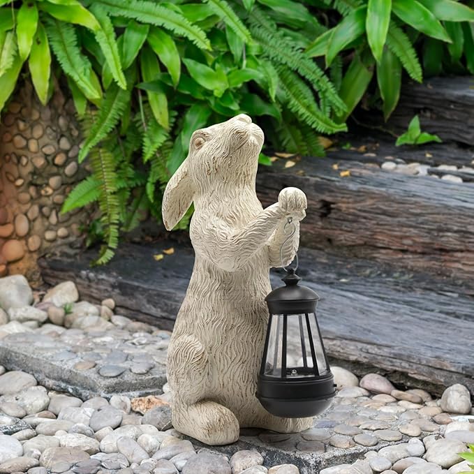 Garden Statues Rabbit with Solar Lights-Bunny Figurine Outdoor Easter Decorations Rabbit Decor for Lawn,Balcony-Yard Art Garden&Patio Decor,Unique Housewarming&Birthday Gifts for Women-VerdiqueGarden