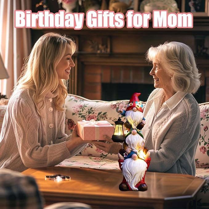 Garden Gnome Statue with Solar Lights Large Garden Sculptures Funny Triple Gnome Outdoor Patio Lawn Yard Balcony Garden Home Decor Gifts for Women Mom 12 in Spring Summer Gnomes Outdoor-VerdiqueGarden