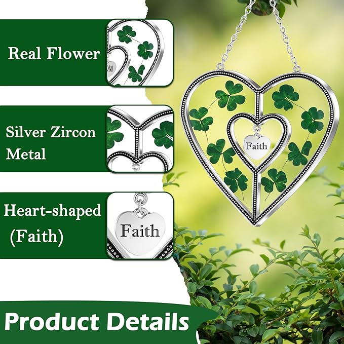 KY&BOSAM Shamrock Heart Suncatcher Faith Suncatcher St Patrick's Day Decoration Grandma Gifts for Windows Hangings Wind Chime with Pressed Flower Gifts for Mom Mother`s Day Valentine's-VerdiqueGarden