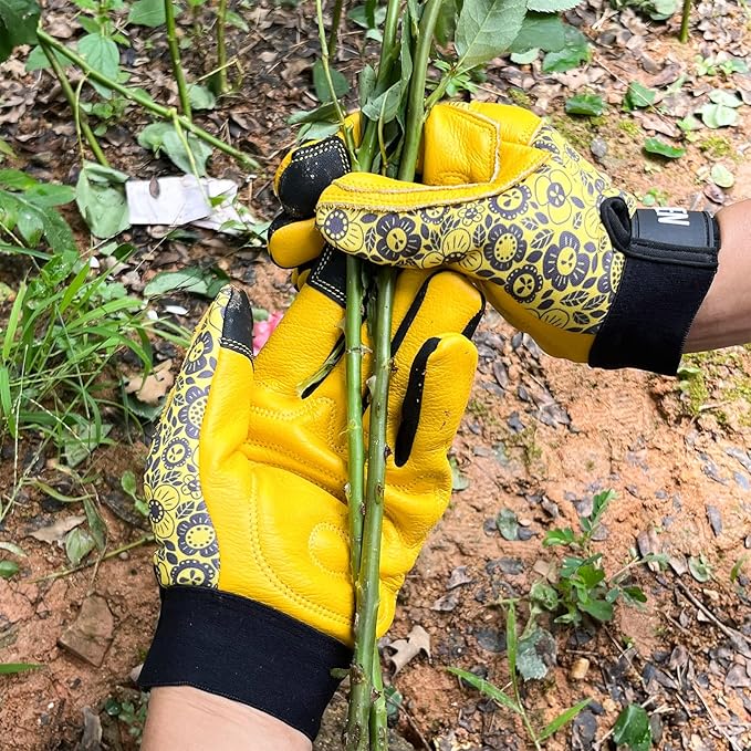 Cowhide Leather Thorn Proof & Puncture Resistant Gardening Gloves for Women and Men, Touchscreen Compatible Working Gloves for Weeding, Digging, Planting, Gardening Gifts for Women (Size Medium)-VerdiqueGarden
