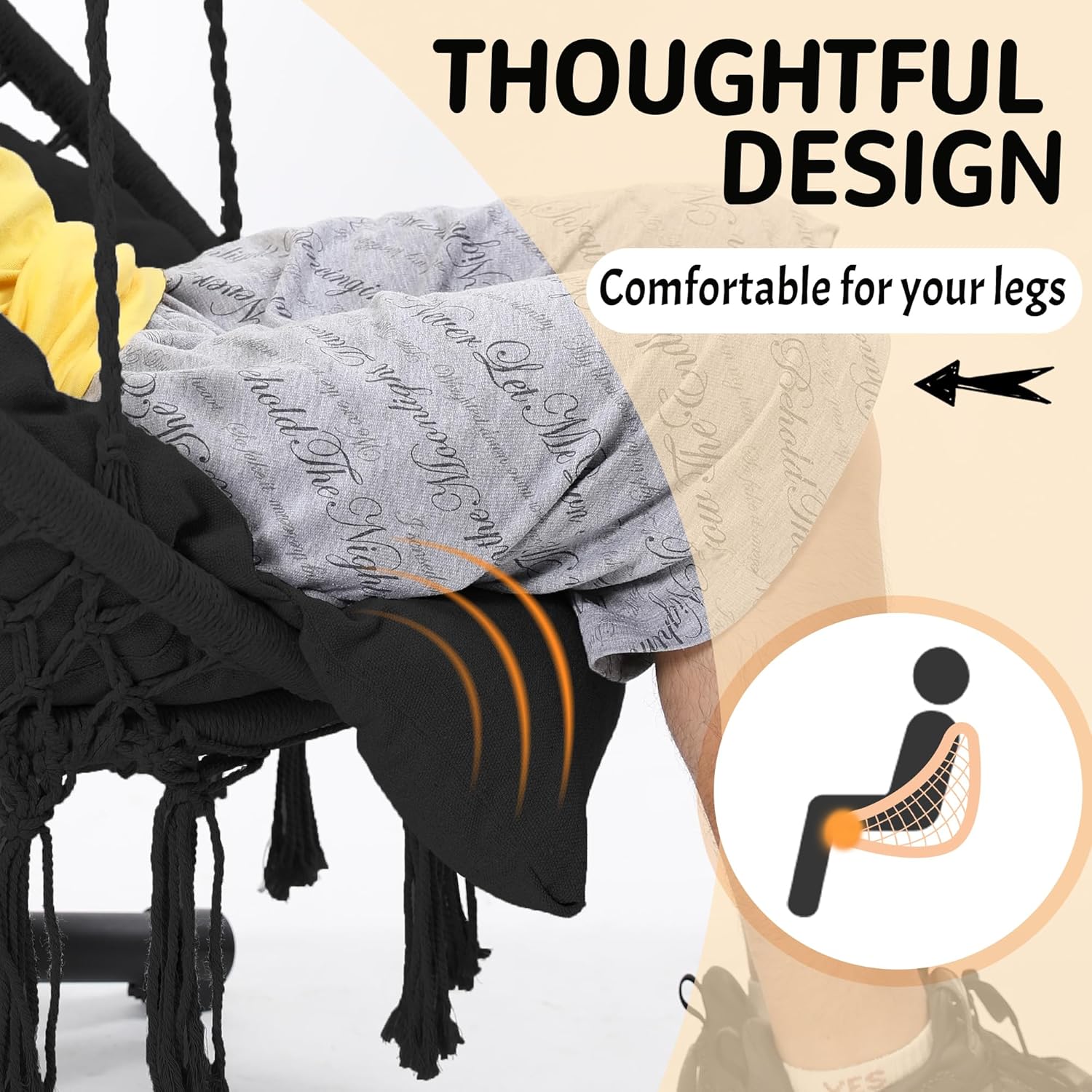 Macrame Hammock Hanging Swinging Chair with Oversized Cushion, Perfect for Bedroom, Porch, Kids, Adults, Balcony, Black-VerdiqueGarden