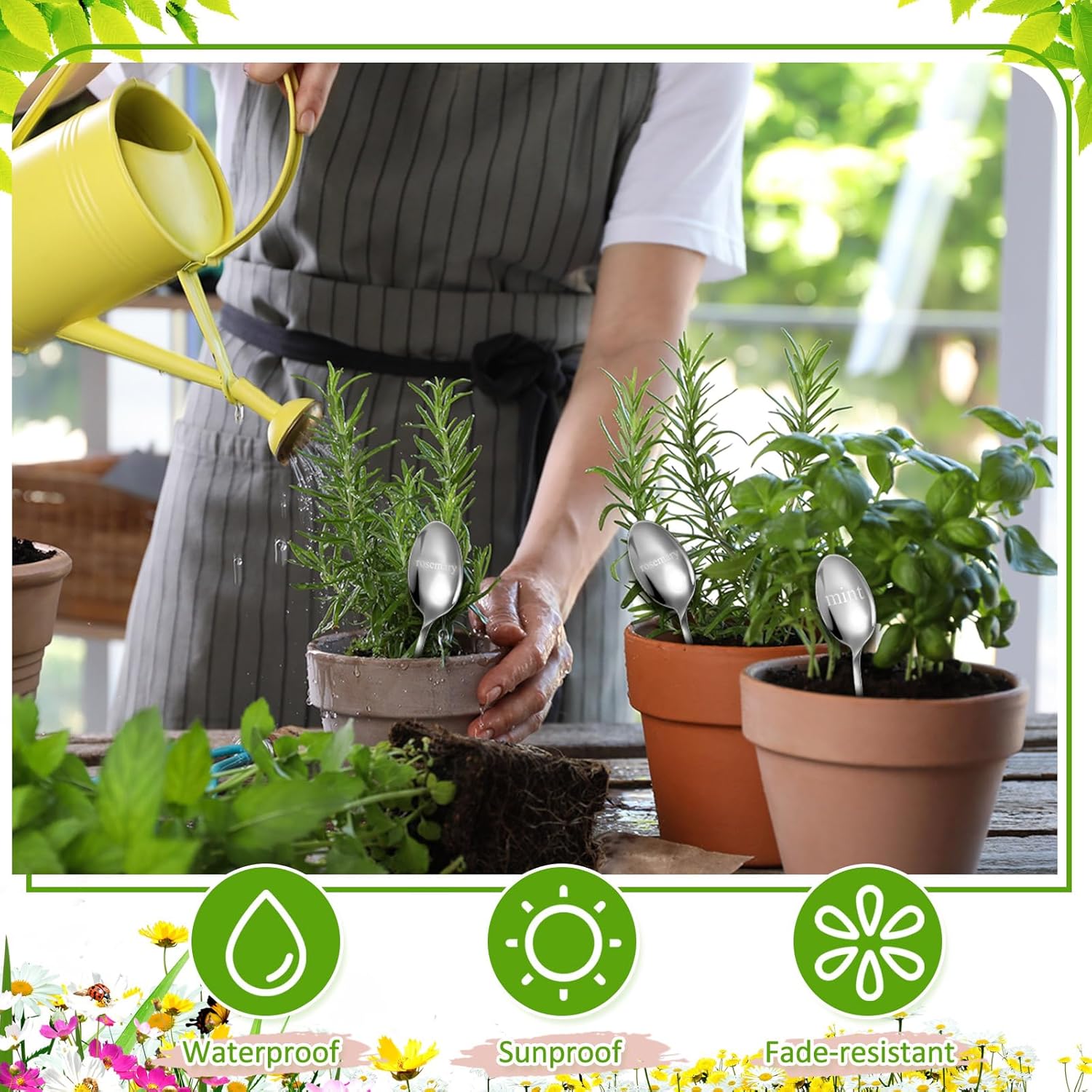 Bucherry 12 Pcs Metal Plant Label Signs, Spoon Shape Planted Herb Markers Garden Labels with Herb Names for Nursery Indoor Outdoor Garden Decoration, Stainless Steel, 12 Styles, 6.8" x 1.4"-VerdiqueGarden