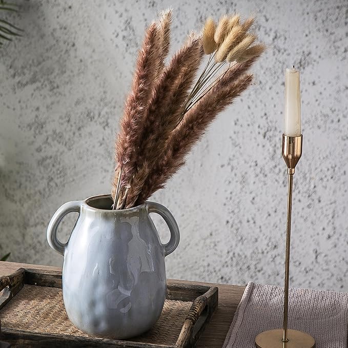 Kimdio Ceramic Vase with 2 Handles, Modern Farmhouse Grey Vase for Home Decor, Rustic Pottery Vase, Boho Decorative Terracotta for Flowers, Clay Pampas Grass Vases for Living Room Dining Table Shelves-VerdiqueGarden