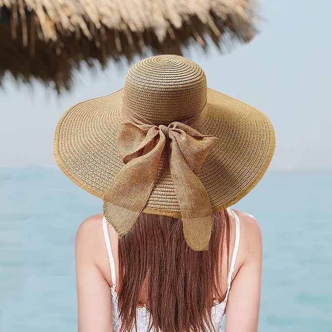 Floppy Big Beach Straw Hats for Women Foldable Summer Wide Brim Packable Sun Hat Womens Travel Straw Fedora Hat-VerdiqueGarden