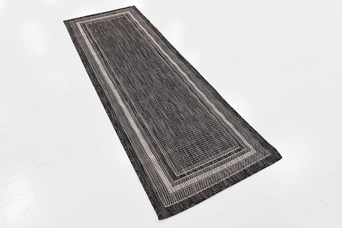 Unique Loom Outdoor Border Collection Area Rug - Soft Border (2' x 6' 1" Runner, Black/ Ivory)-VerdiqueGarden