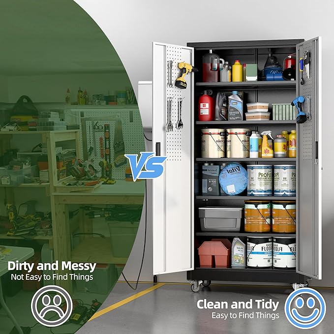 Metal Garage Storage Cabinet with Wheels & Pegboard, Lockable Metal Storage Cabinets with 2 Doors&5 Adjustable Shelves for Garage&Home,Assembly Required,Black Gray 71''H x32''W x16''D-VerdiqueGarden