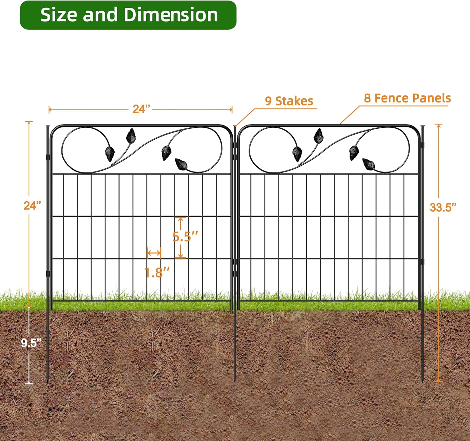 Decorative Black Garden Fencing 24in(H) X16ft(L) 8 Panels Metal Wire Edging Patio Landscape Flower Border Garden Fence for Dogs Animal Barrier for Outdoor-VerdiqueGarden