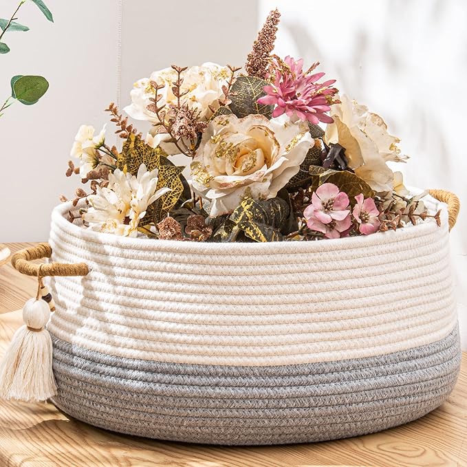 KAKAMAY Woven Baskets for Storage(16"x8"),Blanket Basket for Organizing Living Room,Cotton Rope Basket Woven Baby Laundry Hamper,Collapsible Laundry Room Organization,Clothes,Toy Chest(Grey)-VerdiqueGarden