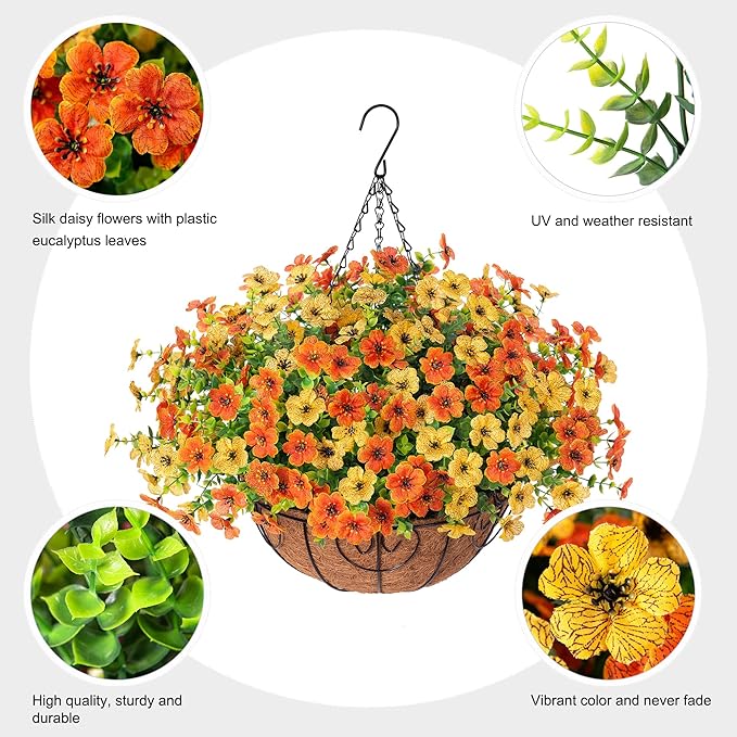 Artificial Fake Hanging Mums Plants Flowers Basket for Fall Autumn Outdoor Decor, Faux Silk Orange Dasiy Flower Look Real UV Resistant for Outside Porch Home Patio Garden Decoration-VerdiqueGarden