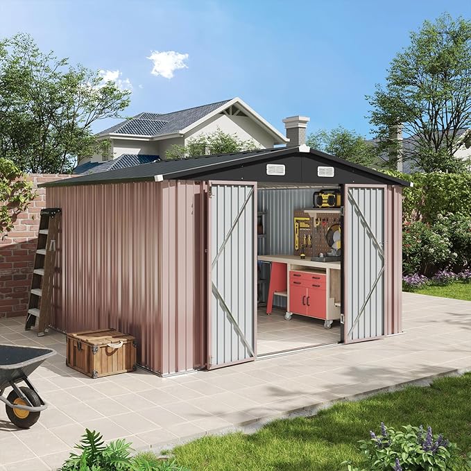 Aoxun 10x10 FT Outdoor Storage Shed Garden Metal Shed with Lockable Door Outdoor Large Shed for Tool, Garbage Can, Bike, Mower, Brown-VerdiqueGarden