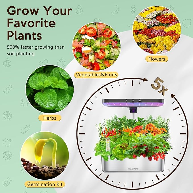 Hydroponics Growing System Herb Garden - HidroPony 15 Pods Indoor Gardening System with Grow Light, Stainless Steel Plants Germination Kit with Quiet Pump System, Gardening Gifts for Women-VerdiqueGarden