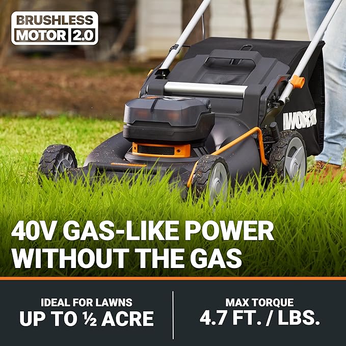WORX Nitro 40V 21" Cordless Lawn Mower w/Aerodeck & Intellicut, Brushless Electric Mower Up to 1/2 Acre, Push Lawn Mower w/ 7-Position Height Adjustment WG752 – Batteries & Charger Included-VerdiqueGarden