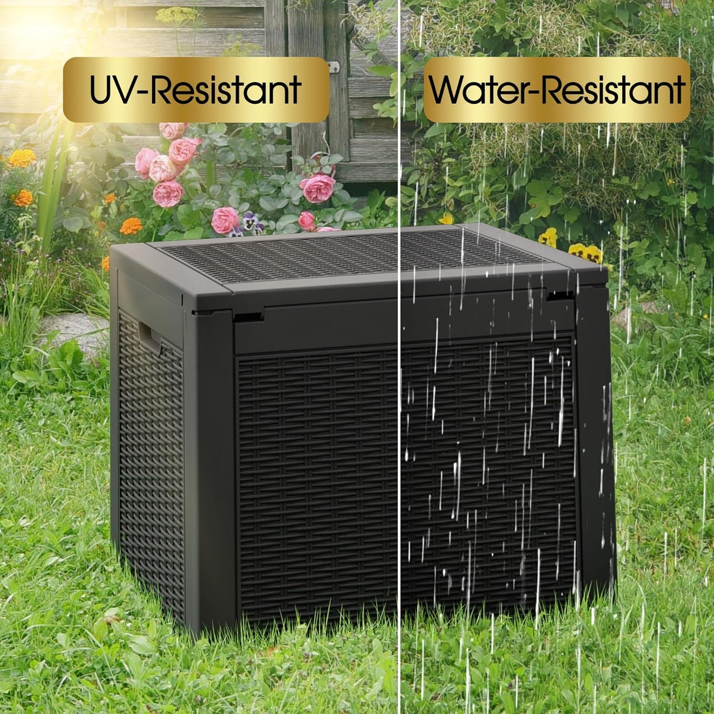 NUNU LAB Outdoor Storage Box, 33 Gallon Resin Deck Box Indoor and Outdoor Use, Waterproof Lockable Patio Storage Bin for Gardening Tools,Package Deliveries,Patio Cushions,UV Resistant,Black-VerdiqueGarden