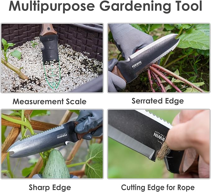 Hori Hori Garden Knife, Garden Tools with Sheath for Weeding,Planting,Digging, 7" Stainless Steel Blade with Cutting Edge, Full-Tang walnut Wood Handle with Hanging Hole-VerdiqueGarden