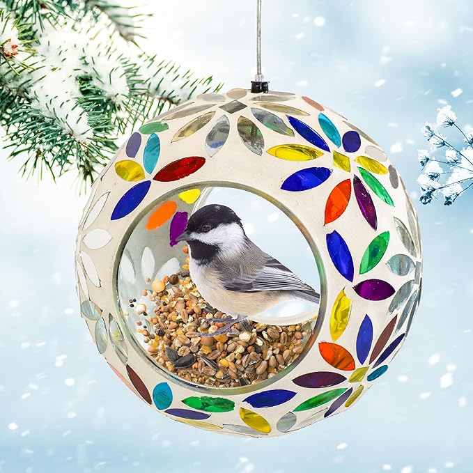 Sunnydaze 6-Inch Glass Mosaic Hanging Bird Feeder for Outdoors - Fly-Through Wild Bird Feeder - Rainbow Daisies-VerdiqueGarden