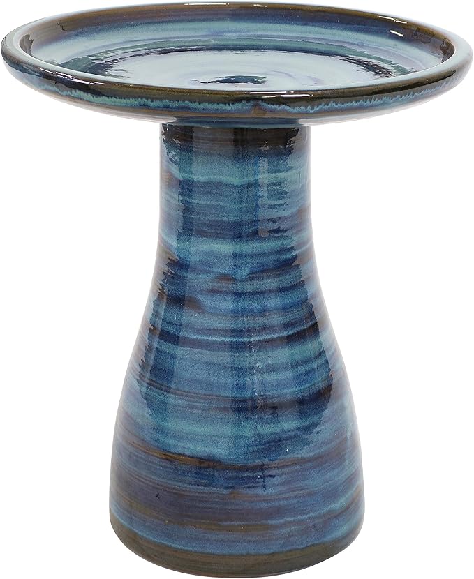 Sunnydaze 21" H Ceramic Bird Bath for Outside - Hand-Painted Outdoor Bird Bath Bowl, UV/Frost-Resistant Finish - Galaxy Blue - Classic Pedestal-VerdiqueGarden