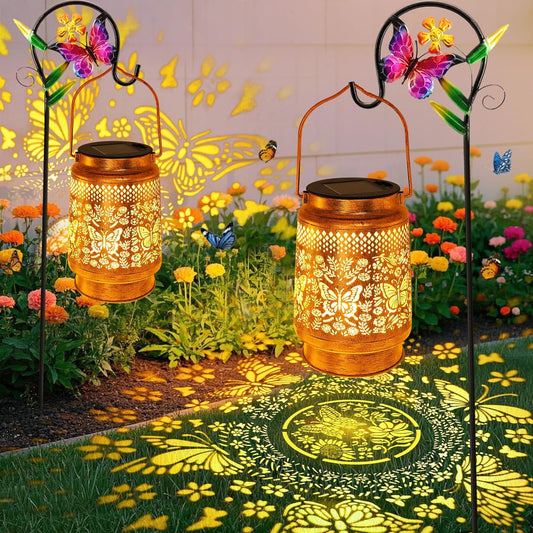 2 Pack Solar Lanterns Outdoor Butterfly Garden Decor, Birthday Gifts for Women Mom Grandma Waterproof Metal Hanging Solar Lights LED Decoration with Shepherd Hook Outside for Yard Porch Lawn Patio-VerdiqueGarden