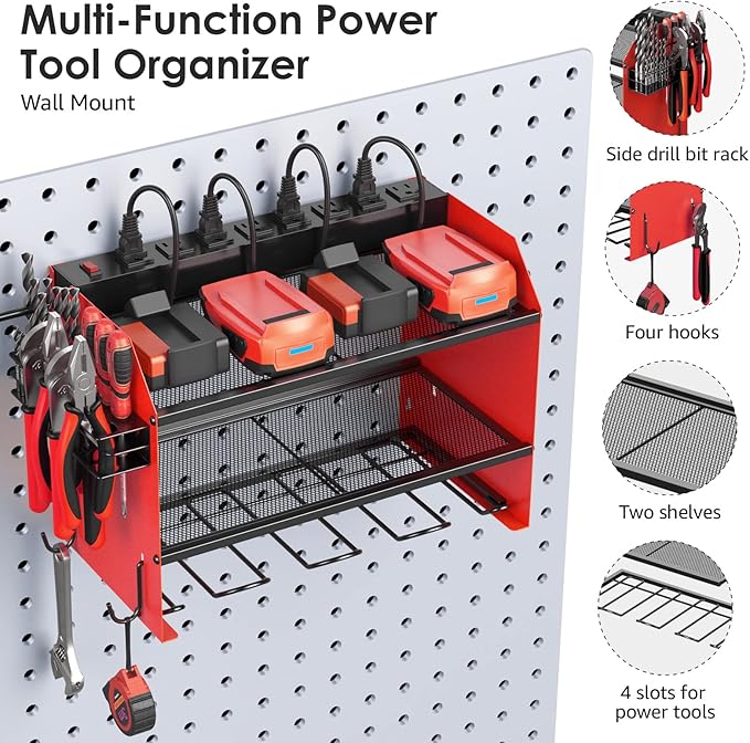 CCCEI Modular Power Tool Organizer Wall Mount with Charging Station. Garage 4 Drill Storage Shelf with Hooks, Screwdriver, Drill Bit Heavy Duty Rack, Tool Battery Holder Built in 8 Outlet Power Strip.-VerdiqueGarden