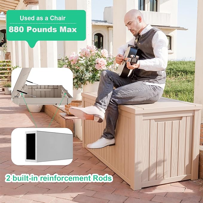 180 Gallon Resin Deck Box, Lockable Patio Outdoor Storage Box for Furniture, Garden Tools and Tools Storage, Waterproof Outside Storage Boxes - Grey-VerdiqueGarden