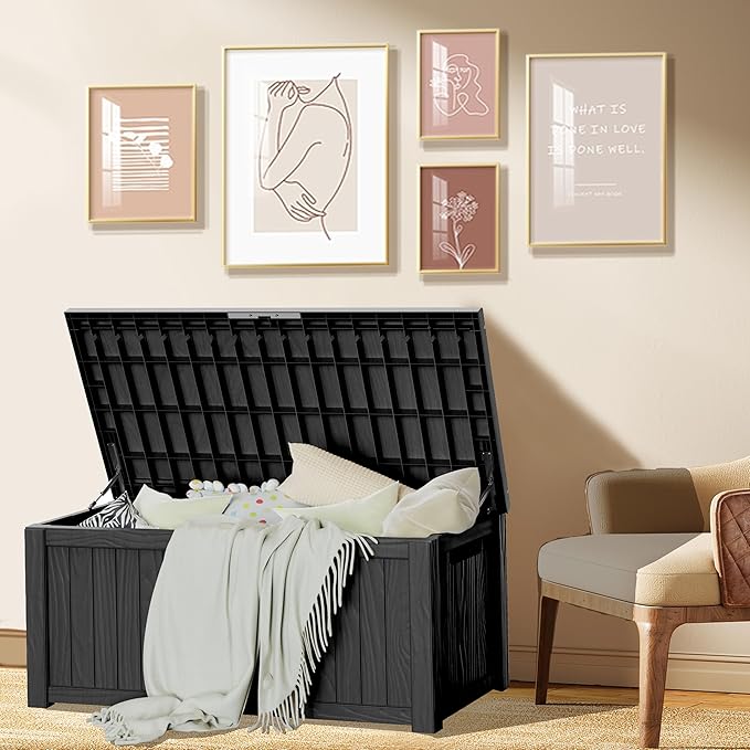 Extra-Large 150 Gallon Outdoor Chest Storage Waterproof - Outside Storage Box & Bench, Resin Deck Chest for Patio/Pool, Lockable UV-Resistant, Onyx Black-VerdiqueGarden