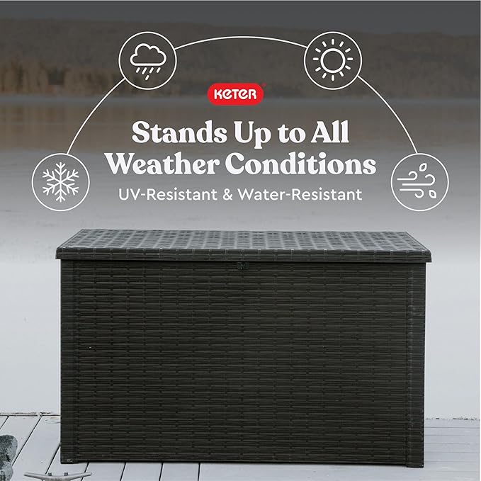 Keter Java XXL 230 Gallon Resin Rattan Look Large Outdoor Storage Deck Box for Patio Furniture Cushions, Pool Toys, and Garden Tools, Dark Grey-VerdiqueGarden