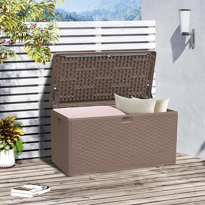 73 Gallon Pro Waterproof Outdoor Storage Pro Resin Deck Box Bin for Patio, Poolside, and Garden, Lockable & UV-Resistant, Ideal for Small Spaces, Brown-VerdiqueGarden