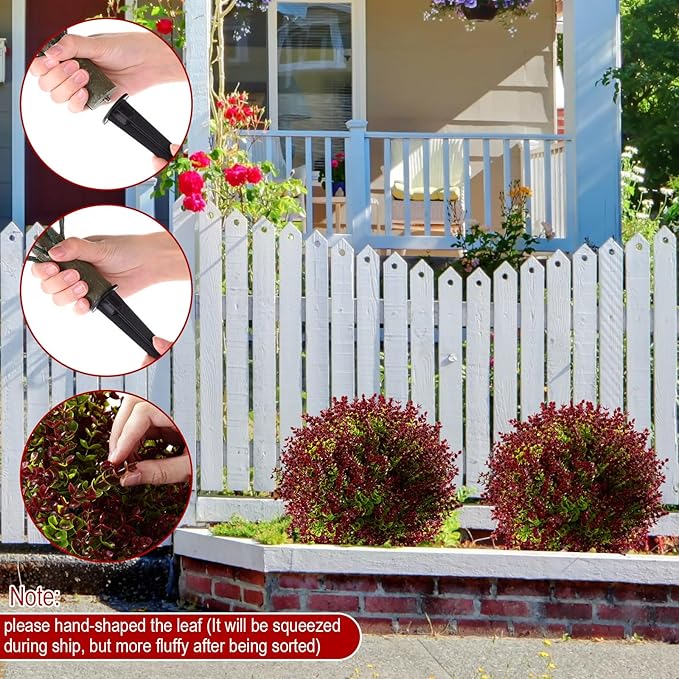 Yunlly 2 Pcs 18 Inch Artificial Boxwood Ball Topiary Tree Fake Outdoor Plants Bush, UV Resistance Faux Shrub with Spike Realistic Greenery Potted for Indoor Garden Yard Porch Patio Decor (Purple Red)-VerdiqueGarden