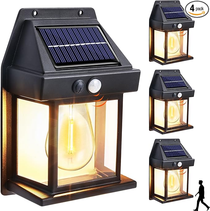 Joomer Solar Wall Lights Outdoor 4PACK, Dusk to Dawn Porch Lights Fixture, Waterproof Exterior Lighting with Clear Panel for Entryway Front Door, Solar Wall Lantern with 3 Modes & Motion Sensor-VerdiqueGarden