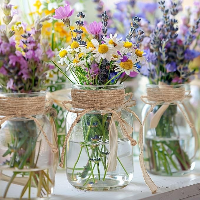 Vintage Glass Flower Vase，12 Pack Farmhouse Transparent White Glass Centerpiece Vases Mason Jars for Weddings, Parties & Home Decor Bulk (12, Transparent)-VerdiqueGarden