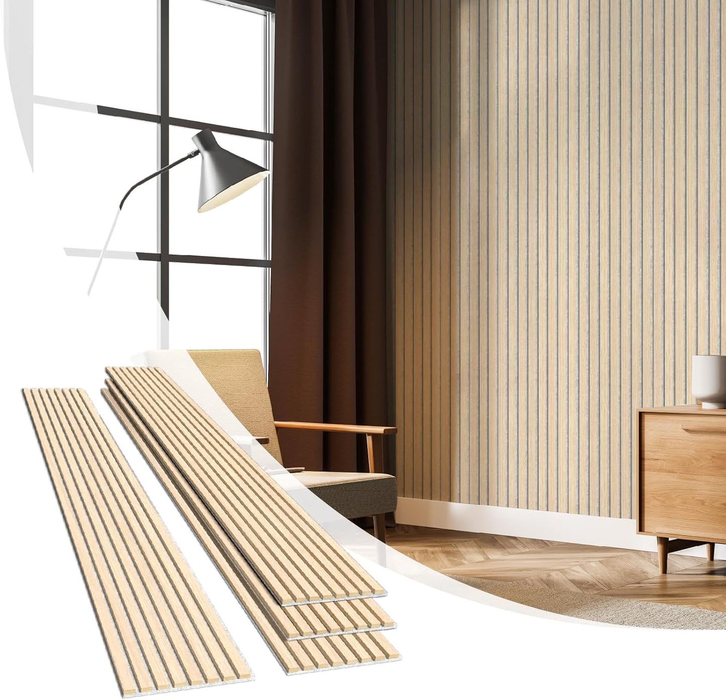 Olanglab Wood Slat Wall Panels, Wooden Wall Panels, 94.5"x12.6" Each 3D Wall Panels for Interior Wall Decor, 4 Pack in Total 94.5"x50.4" (Light Oak-Grey Felt)-VerdiqueGarden