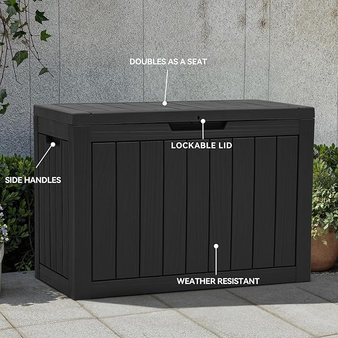 YITAHOME 45 Gallon Deck Box, Outdoor Storage Box for Patio Cushions, Outdoor Tools, Gardening Tools, Sports Equipment, and Throw Pillows, Lockable and Waterproof, Black-VerdiqueGarden
