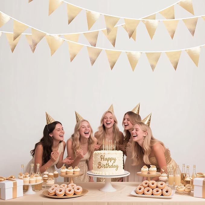 Champagne Gold Party Decoration Metallic Fabric Triangle Pennant Banner Flag Bunting Garland for Birthday Engagement Bridal Shower Wedding Anniversary Graduation Bachelorette Party Decoration Supplies-VerdiqueGarden