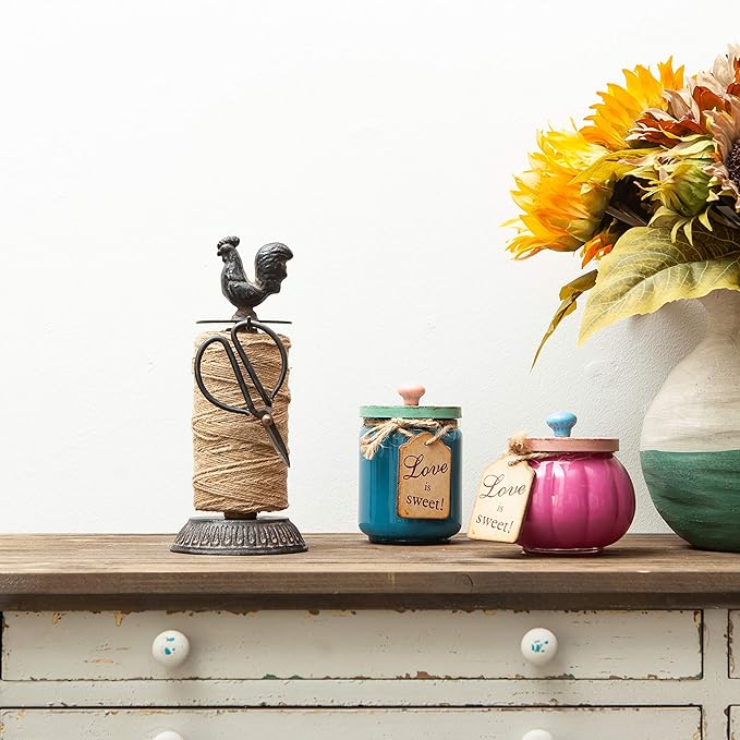 SOFFEE DESIGN Vintage Jute Twine Spool and Scissors Holder for Garden Farmhouse Kitchen Antique Twine and Scissors Set Black Rooster-VerdiqueGarden