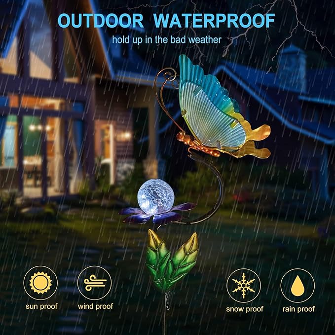 HONGLAND Solar Butterfly Garden Lights, Outdoor Lights Garden Decor for Outside, Flower Yard Decorations, Metal Yard Art for Patio Decor, Gifts for Mom-VerdiqueGarden