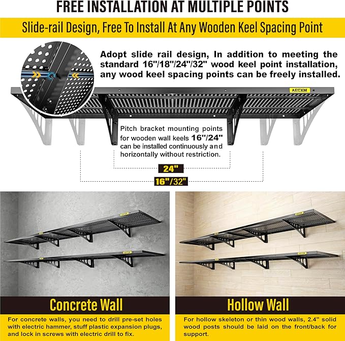 4-Pack 1.64x4ft Adjustable Garage Wall Shelving 1120lbs Load Capacity Heavy Duty Wall Mounted Storage Shelf Metal Floating Shelves for Garage(Black)-VerdiqueGarden