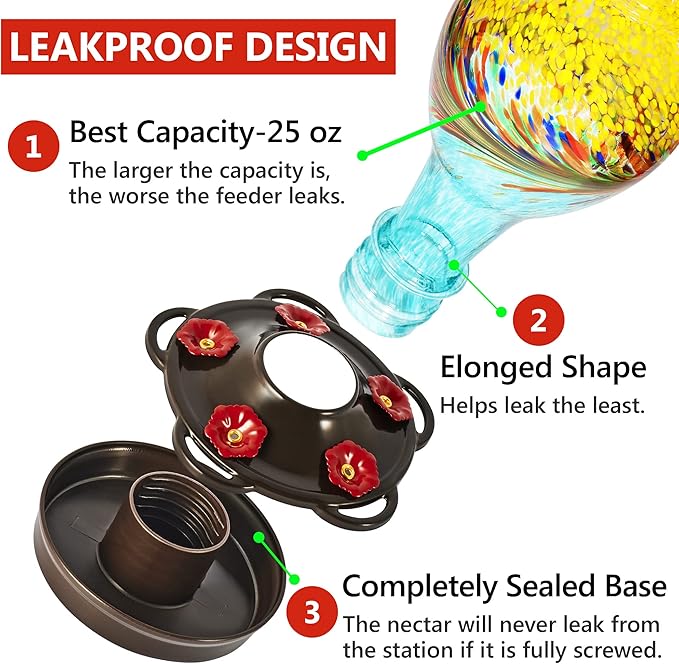 LUJII Hand Blown Glass Hummingbird Feeder for Outdoors with Ant Moat, Leak Proof & Rustproof, 25 fl.oz, Metal Base Cover with 5 Feeding Ports & Perches, Glass Art for Garden Decor (Blue Mixed Yellow)-VerdiqueGarden