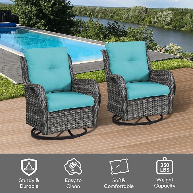 Outdoor Swivel Rcoker Wicker Chairs - Swivel Patio Chairs Set of 2 Patio Furniture Sets with Covered Cushion for Porch Deck Balcony Backyard, Turquoise Cushion-VerdiqueGarden