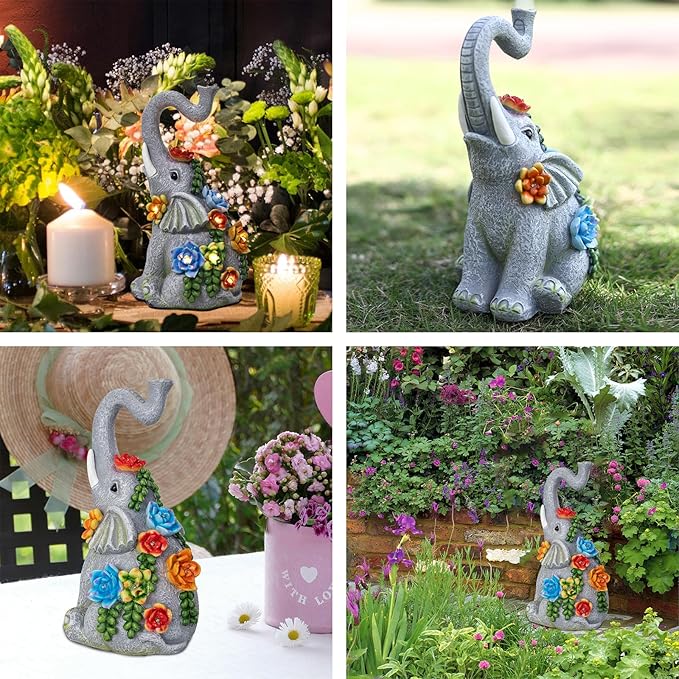 Elephant Garden Statue Solar Lamp with 8 Led Lights Decor Outdoor Resin Waterproof Sculpture Patio Lawn Yard Porch Decorations Housewarming Gifts for Women Mom Grandma-VerdiqueGarden